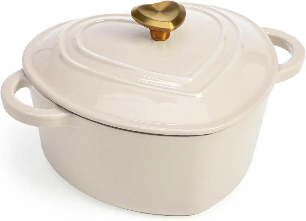 Paris Hilton Enamelled Cast Iron Heart-Shaped Dutch Oven with Lid, Double Handles, All Hob Suitable, Oven Safe up to 260°C, 1.9L, Creamy