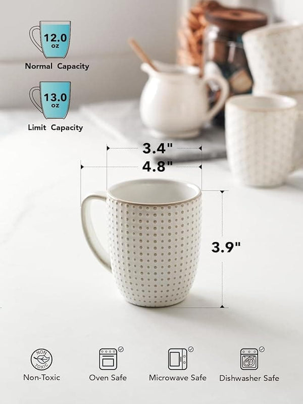 LE TAUCI Coffee Mugs 12 oz, Ceramic Mug Set, Embossment Cups for Latte, Hot Tea, Cappuccino, Mocha, Cocoa,Suit For Housewarming Wedding - 3.4 inch, Set of 4, Arctic White