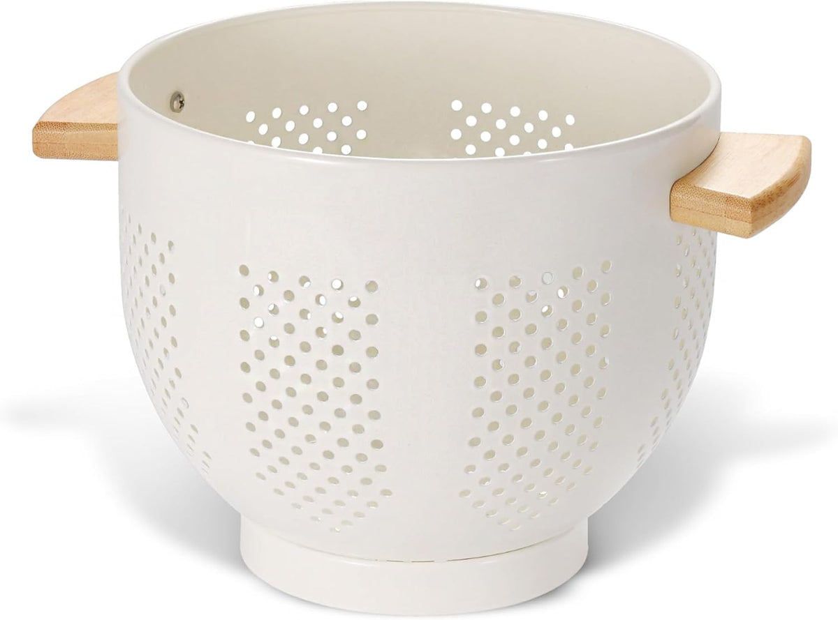 Metal Colander with Wood Handle and Stable Base, Powder Coated Steel Kitchen Strainer Basket for Draining Pasta, Vegetable and fruit (7quart)