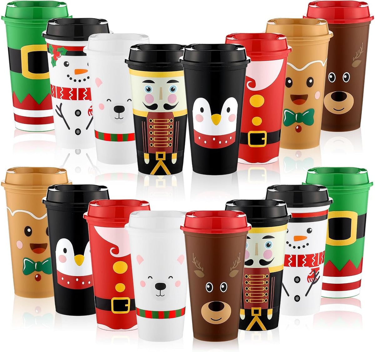 SiliFine 16 Pcs Christmas Coffee Cups with Lids 16 oz Reusable Travel Mugs