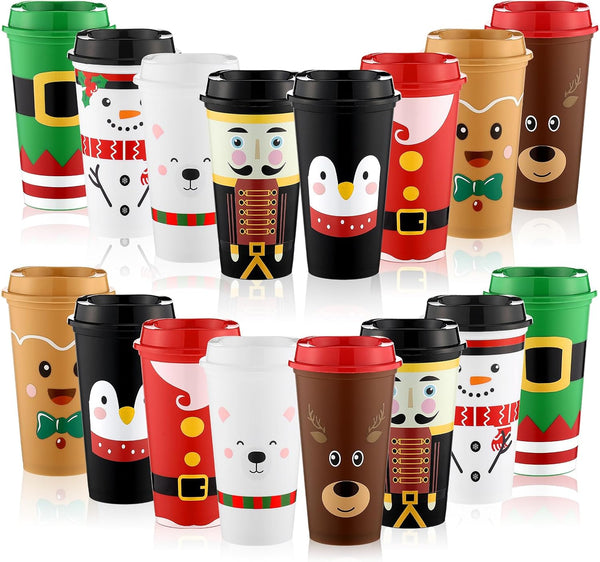 SiliFine 16 Pcs Christmas Coffee Cups with Lids 16 oz Reusable Travel Mugs