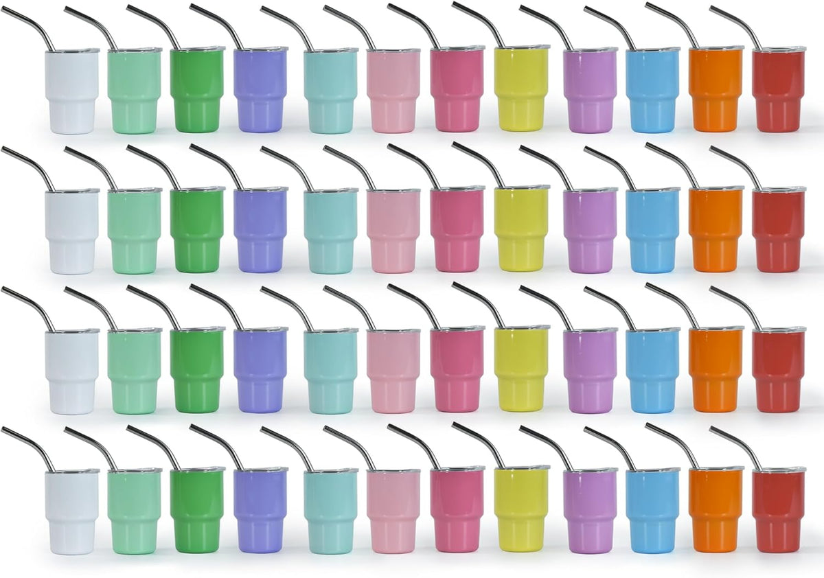AGH 3oz Sublimation Shot Glasses Wine Tumbler with Straw, 48 Pcs Double Stainless Steel Wine Glass, Mini Insulated Coffee Mug Mugs For Bars, whiskey,Ice Cream, Tea,12 Colored