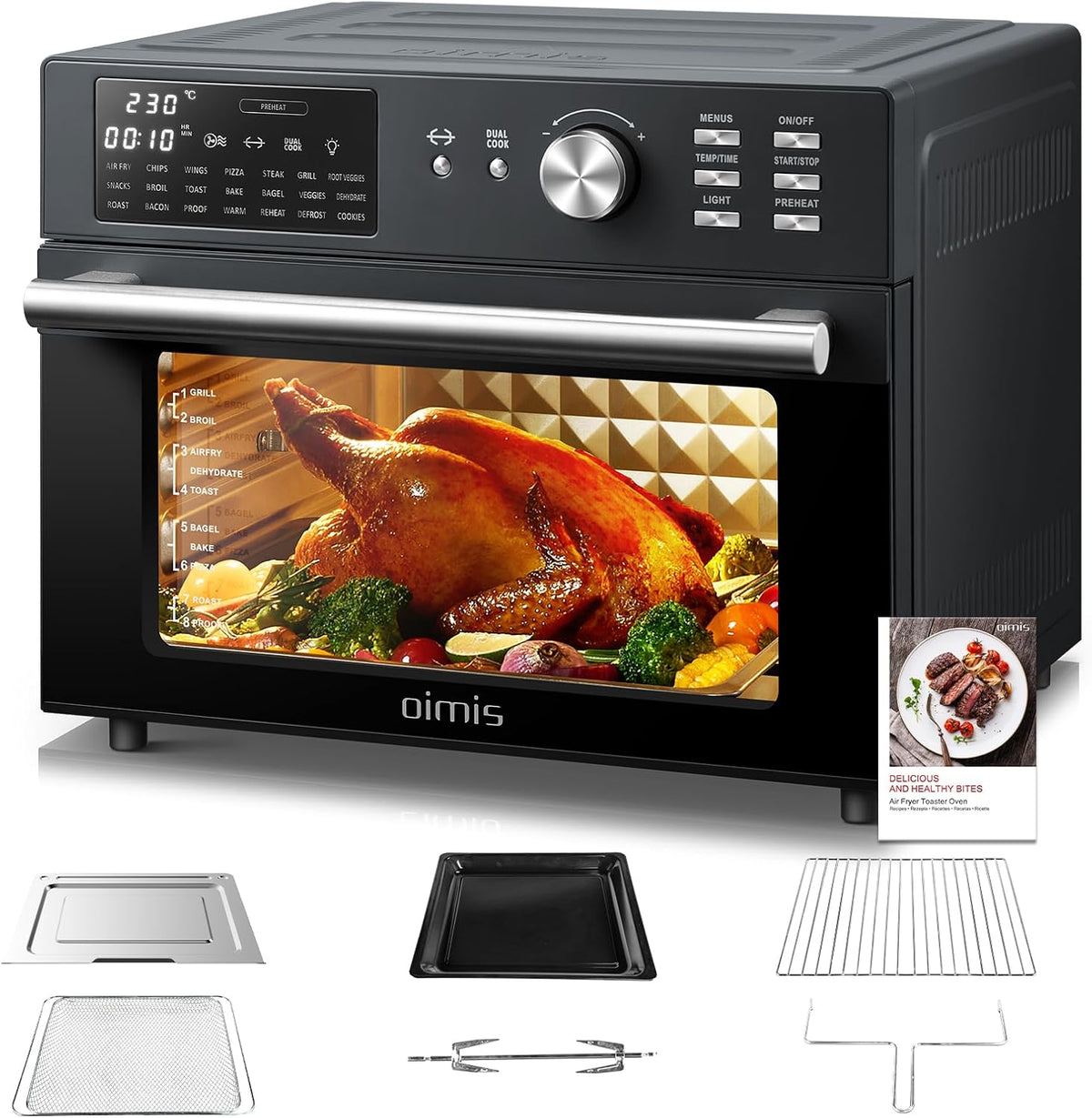 OIMIS Hot Air Fryer 30L, 21 Programs, XXL Oven with Air Fryer, Multifunctional Convection Oven, Double Cook, Roasting, Drying, 6 Accessories with Recipes, 30°C-230°C, 1800W, NO Swivel Basket
