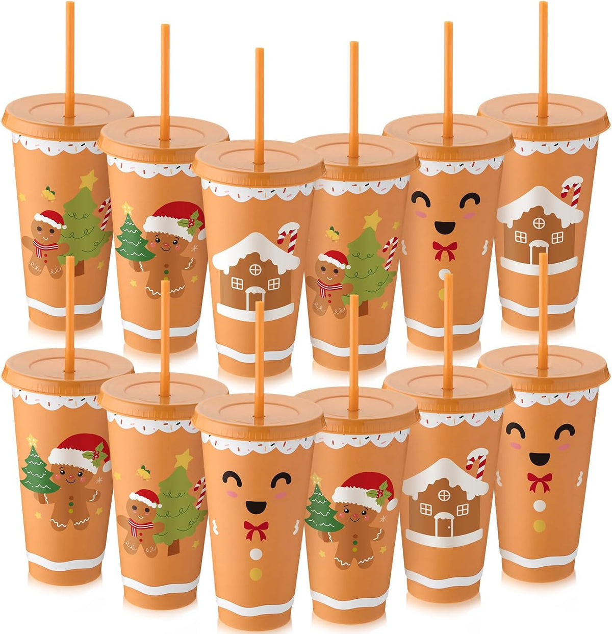 Vesici 12 Pcs Reusable Christmas Gingerbread Cups Gift Bulk 24 oz Plastic Coffee Cups Travel Mug, Gingerbread Man Christmas Tumbler with Lids Straws, Xmas Party Supplies, Wine Hot Cold Drinks