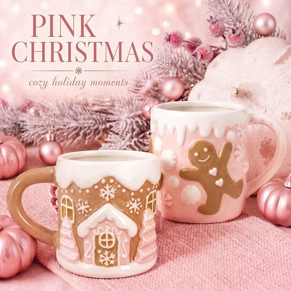 2 Pcs Christmas Coffee Mugs 14 oz Holiday Ceramic Espresso Cups, 2 Design Pink Gingerbread Man Coffee Cups, Gingerbread House Holiday Decor, Christmas Party Table Centerpieces