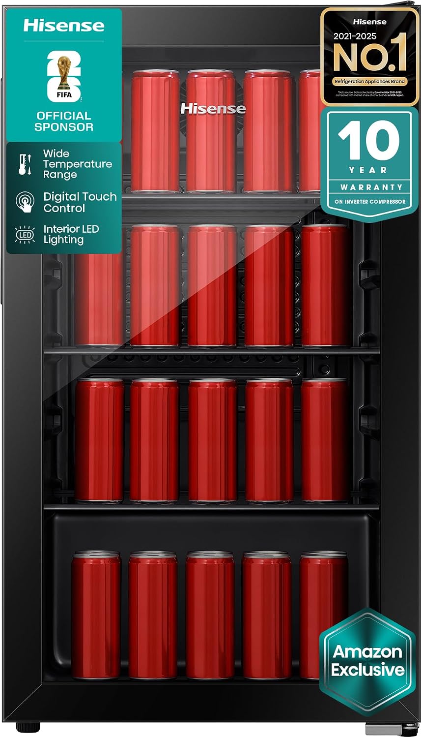 Hisense 122 Liters Chiller Single Door Beverage Cooler, 91L Net Drinks Fridge, 69 Cans/113 Botlles Capacity, Electronic Control & 3 Glass Shelves, Black