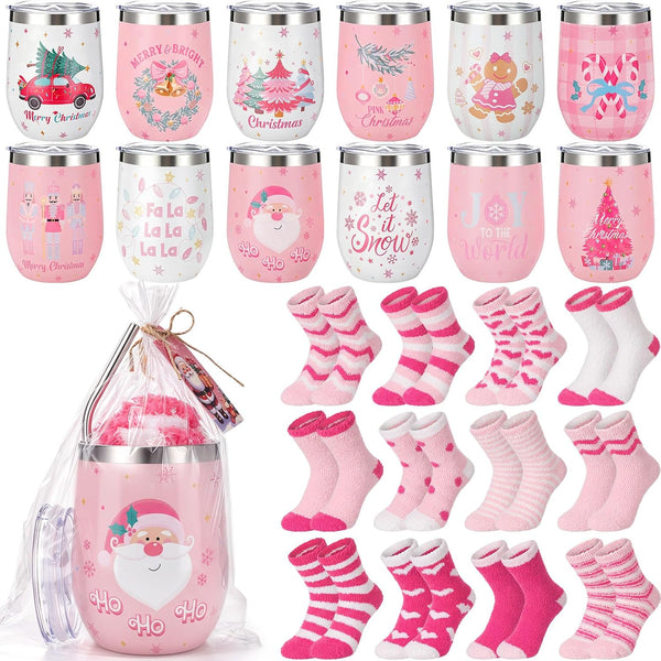 12 Set Pink Christmas Wine Tumbler Fuzzy Socks Gifts Set 12 oz Stainless Steel Wine Tumbler 12 Plush Fluffy Slipper Socks Gift for Christmas Xmas Mothers Teacher Coworker Friend