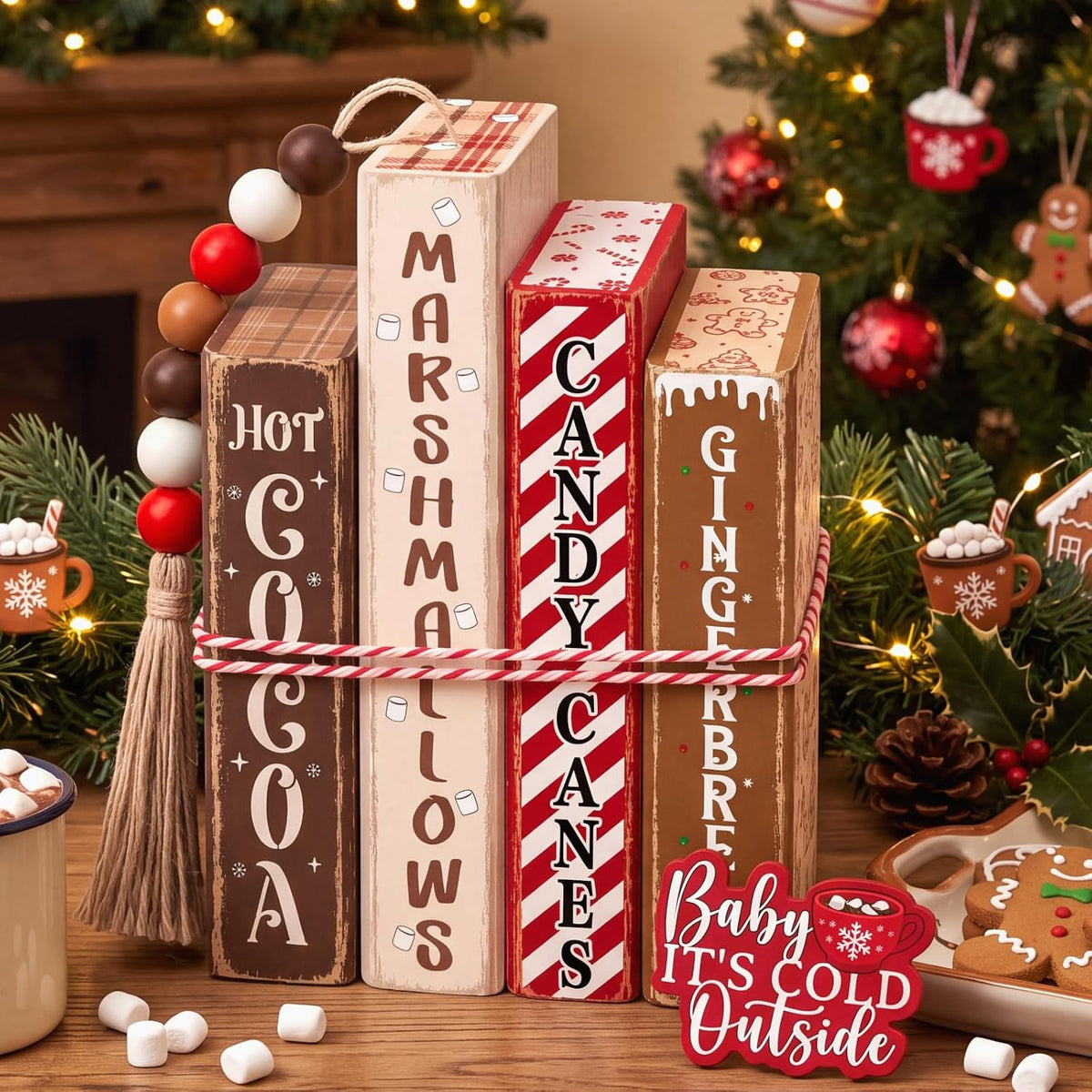 Novabright 7 Pcs Christmas Table Decoration Farmhouse Wood Book Stack Hot Cocoa Tiered Tray, Christmas Stacked Books Set, Merry Christmas Wooden Decor for Home, with Block Wood Bead Jute Twine