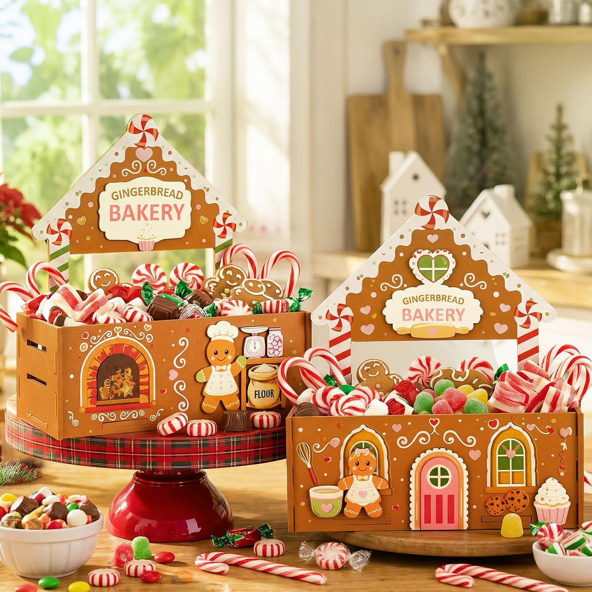 Fuutreo 2 Pcs Christmas Candy Bowl Gingerbread House Wooden Candy Dish Christmas Gingerbread House Serving Holder, Gingerbread Food Container, Xmas Holiday Tabletop Kitchen Party Decor Gift
