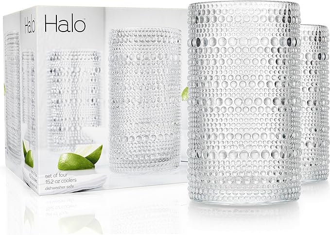 Glaver's Hobnail Drinking Glasses, Set of 4 Clear Vintage Beaded Glass Cups, 15 Oz.