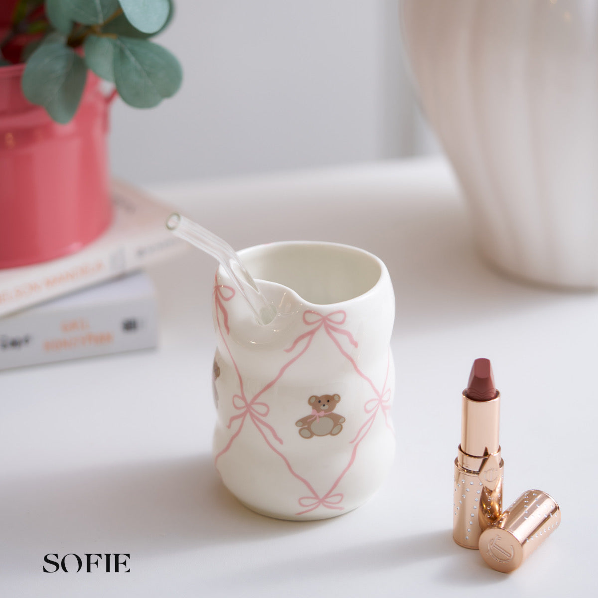 Set Cute Ribbon Bow Teddy Bear Ceramic Mug With Straw,