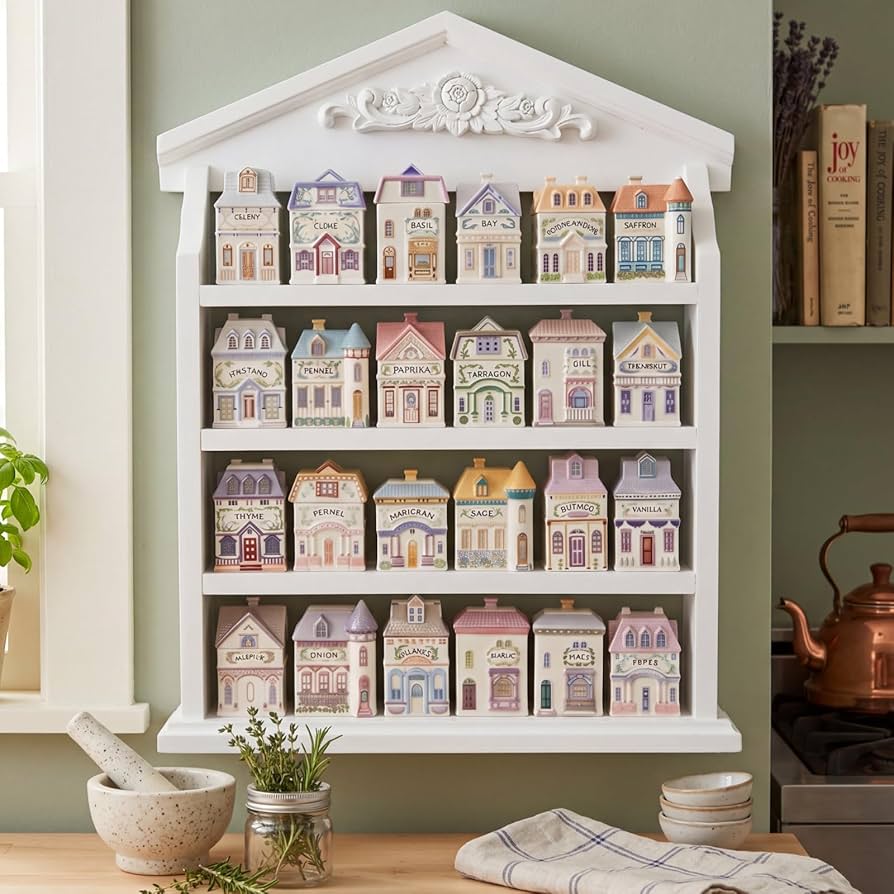 Chunful Vintage Spice Jar Wooden Rack with 4 Shelves and Drawer Hanging Spice Rack Wall Mounting Kitchen Storage Village Style Display Shelf for 24 Jars, Shelf Only
