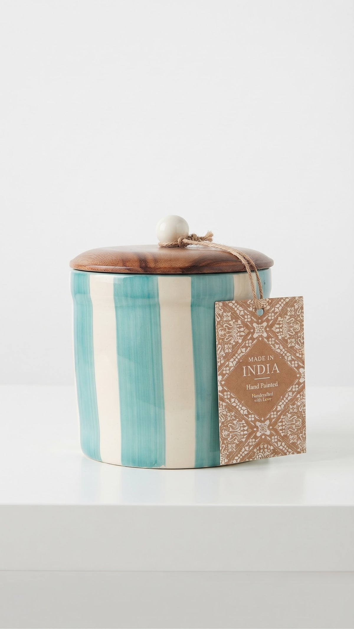 made in india hand painted jar aqua marine x white stripped with wood cover small size
