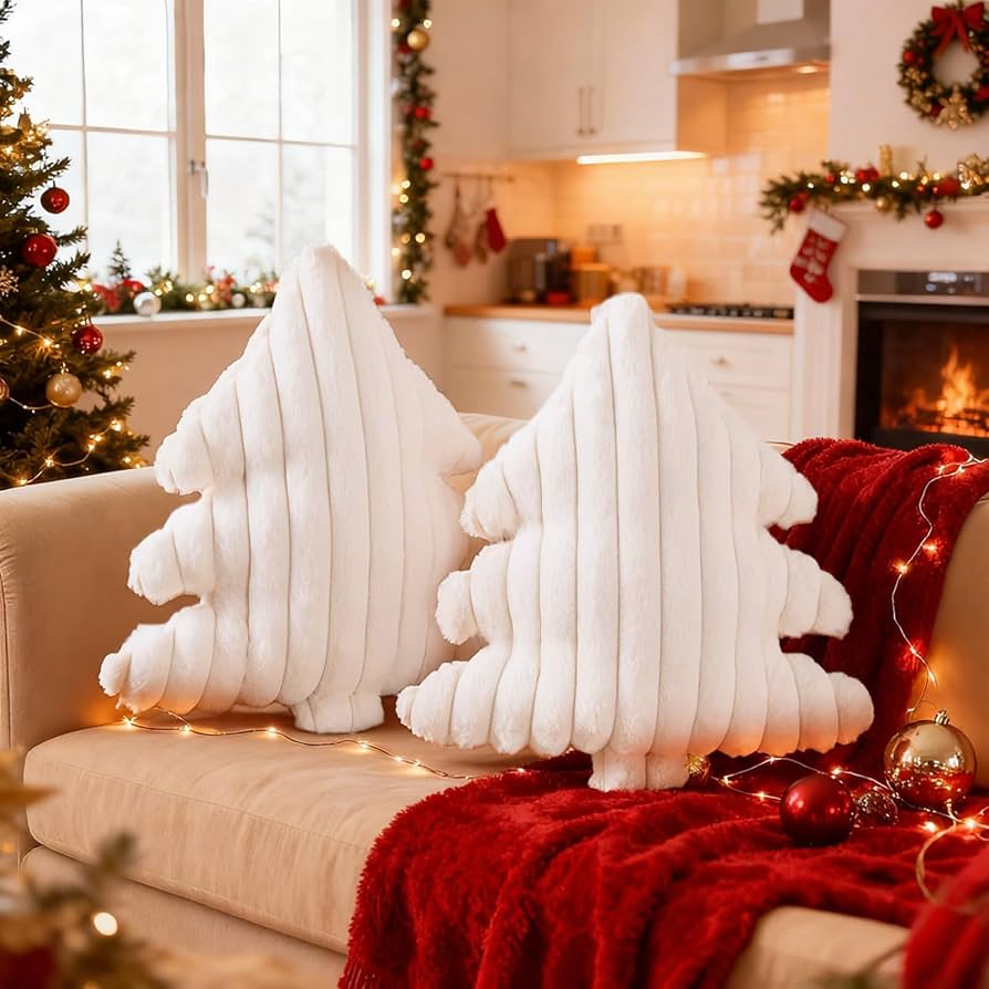 Lanpn Christmas Tree Pillows Set of 2, Christmas Decoration Wide Stripes Winter Throw Pillows Soft 3D Shaped Xmas Tree Throw Cushion for Sofa Bedroom Xmas Decor (18x16 inch)