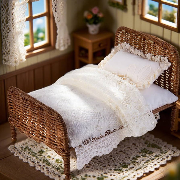 Dollhouse Bed,1:12 Pastoral Style Dollhouse Bedroom Furniture, White Rattan Bed with lace Bedding and Pillow,DIY Furniture Accessories for Dollhouse Decoration