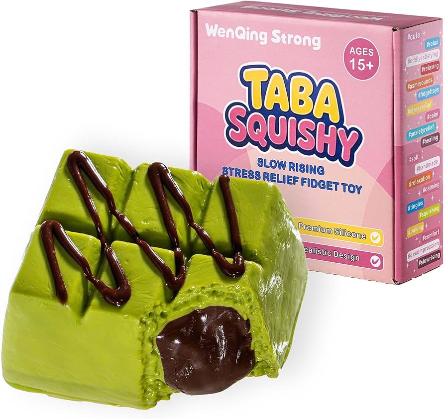 Matcha Cake Taba Squishy Toy, Slow Rising Stress Relief Squeeze Toy Kawaii Matcha Green with Chocolate Drizzle Fidget Premium Silicone Handmade Gift for Adults 15+ By WenQing Strong