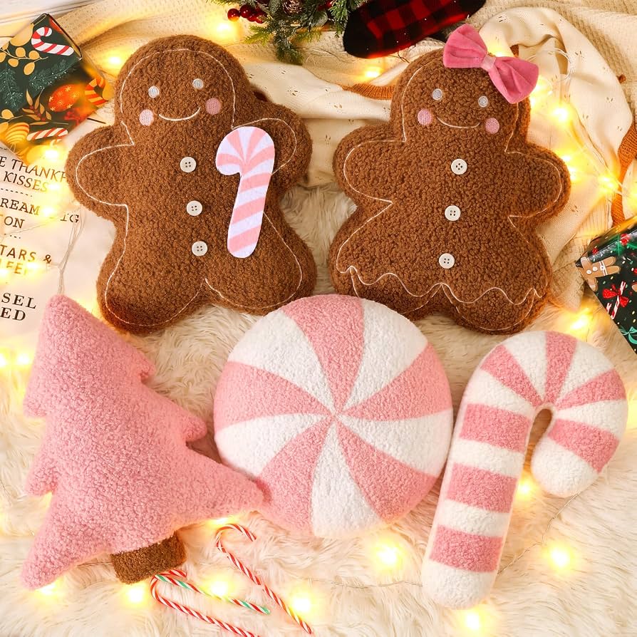 Geelin 5 Pcs Christmas Throw Pillows Gingerbread Xmas Tree Snowflake Candy
Pink Brown, Decorative Stuffed Plush Shaped Lumbar Pillow, Gingerbread Christmas Decorations for Couch Sofa Bed Holiday