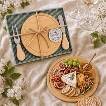 Maxcheck Baby Shower Wedding Cheese Board Gifts for Guests, Bamboo
Round Charcuterie Platter with Bamboo Cutlery and Thank You Card, Gift Boxed Bridal Shower Favors, Game Prizes