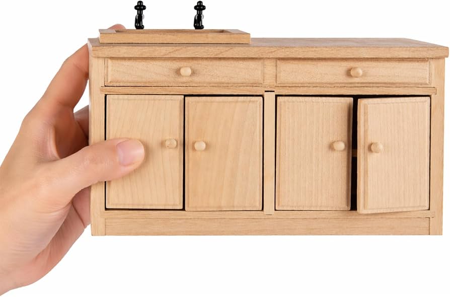 Wooden Dollhouse Kitchen Cabinets with a Sink, 1:12 Scale Miniature Dollhouse Furniture with Doors, Drawers and Faucet Details, Natural Wood Doll House Accessories for Kitchen, Room Box Decor