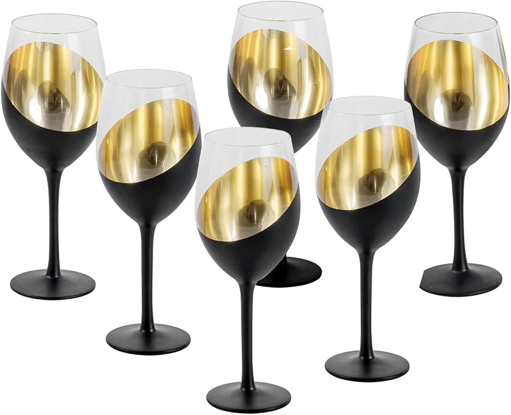 MyGift 14oz Black and Gold Wine Glasses, Slanted Stemmed Set of 6