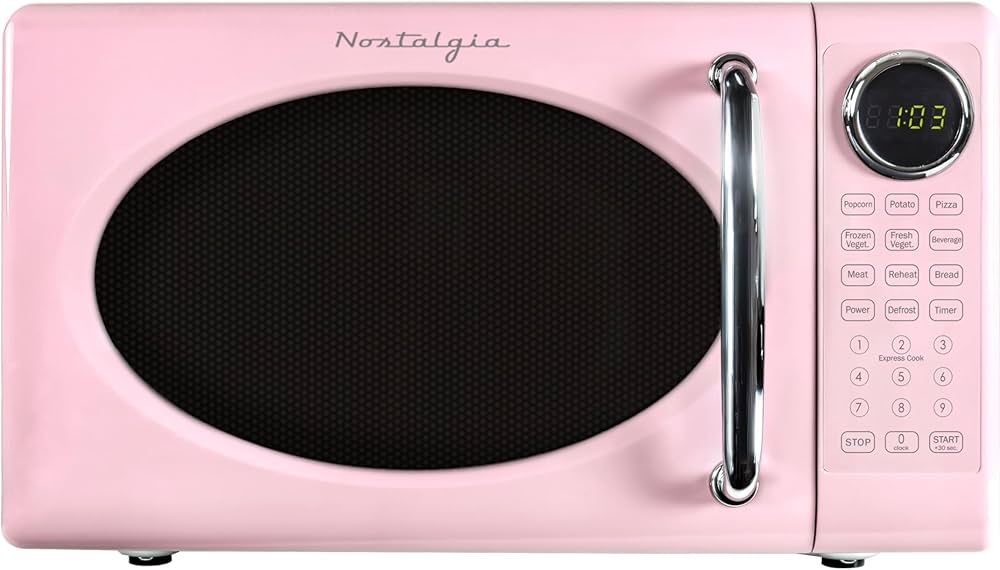Nostalgia Retro Microwave Oven 0.7 Cu Ft, 700-Watt Countertop Size with Glass Turntable, Child Safety Lock, 8 Auto-Cook Programs, Digital Clock.