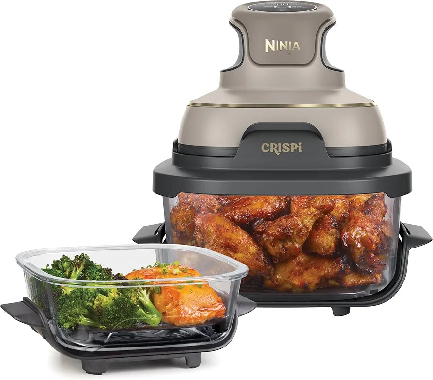 Ninja CRISPi Portable Air Fryer, 3.8L, 4-in-1: Air Fry, Roast, Keep Warm, Recrisp, Space Saving Compact Design, 6 Portions, 2x Removable Glass Containers & Lids, 1700W, Stone Gold FN101UKSTGD