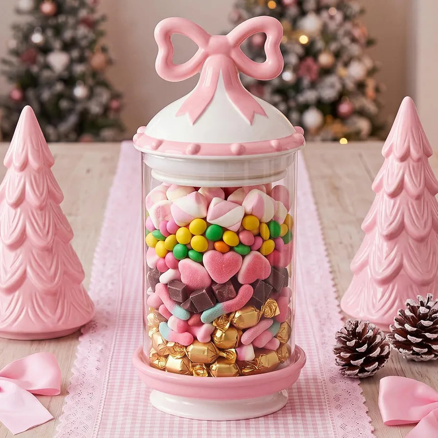Remerry 35 oz Christmas Glass Candy Jar with Pink Bow Ceramic Lid and Stand
Cute Girly Style, Chocolate Cookie Sweets Margarine Storage Container, Xmas Pink Home Kitchen Table Centerpieces Gifts