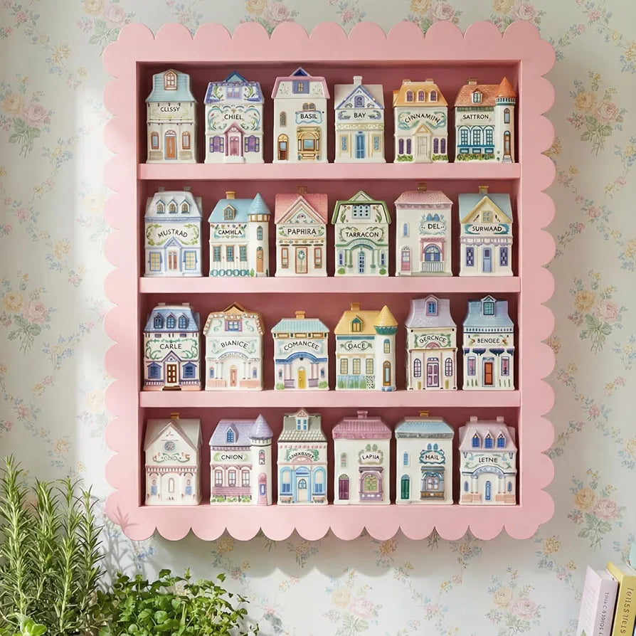 Chunful Spice Jar Wooden Rack Pink Sweet Scalloped Spice Shelf for 24 Jars, Village Style Wall Mounting Kitchen Storage Decorative Hanging Display Rack, Shelf Only