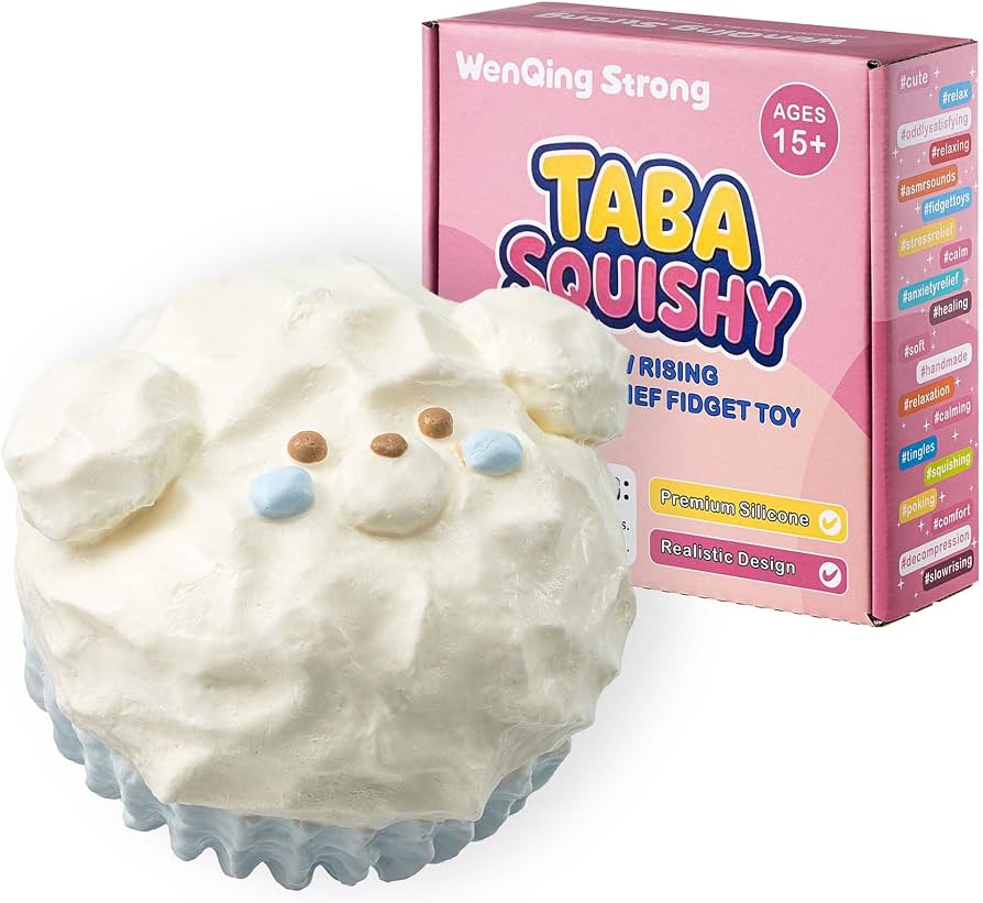 Bear Cupcake Taba Squishy Toy, Slow Rising Squeeze Stress Relief Kawaii Animal Shape White Fidget Premium Silicone Handmade Realistic Food Design Gift for Adults 15+ By WenQing Strong
