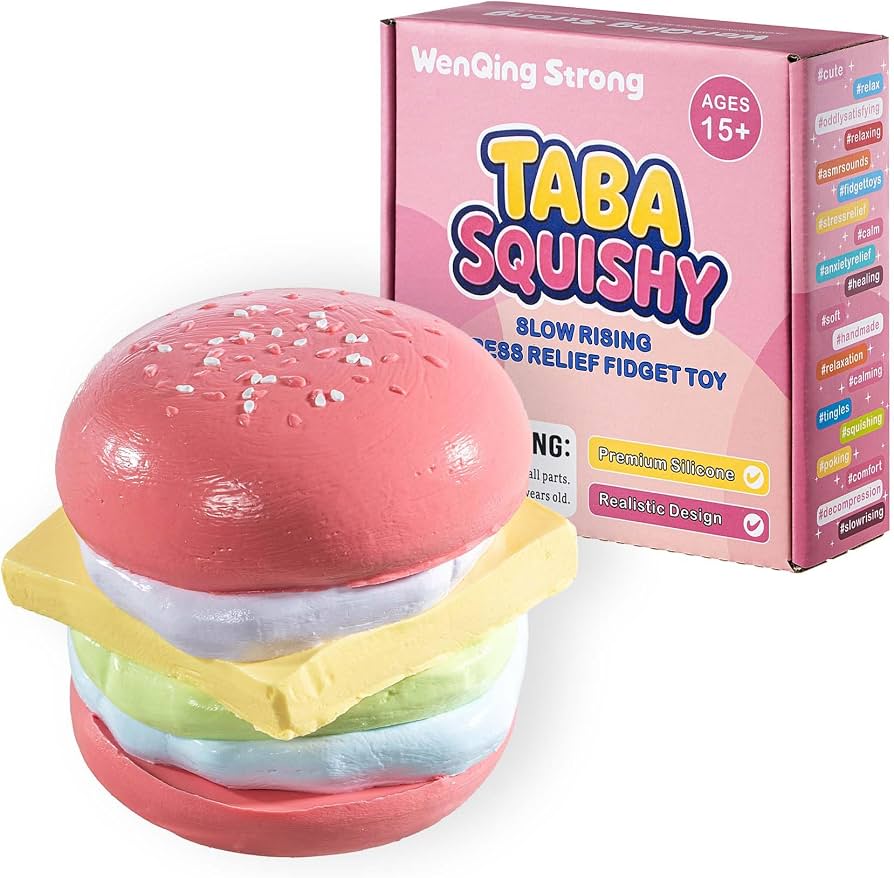 Jumbo Hamburger Taba Squishy Toy, Kawaii Slow Rising Squeeze Stress Relief Premium Silicone Handmade Pink Rainbow Macaron Burger Shape Fun Sensory Fidget Gift for Adults By Wenqing Strong