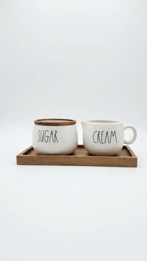 Rae Dunn "SUGAR" & "CREAM" Ceramic Set with Wooden Lid and Wooden Tray
