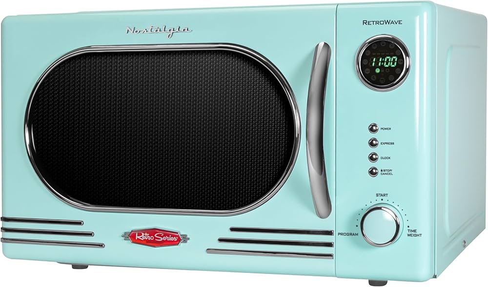 Nostalgia NRMO11RR6A 1000 Watt Power Retro Countertop Microwave Oven Easy to Clean with Removable Glass Turntable-Child Safety Lock-12 Programs-Digital Clock, 1.1 Cu Ft
