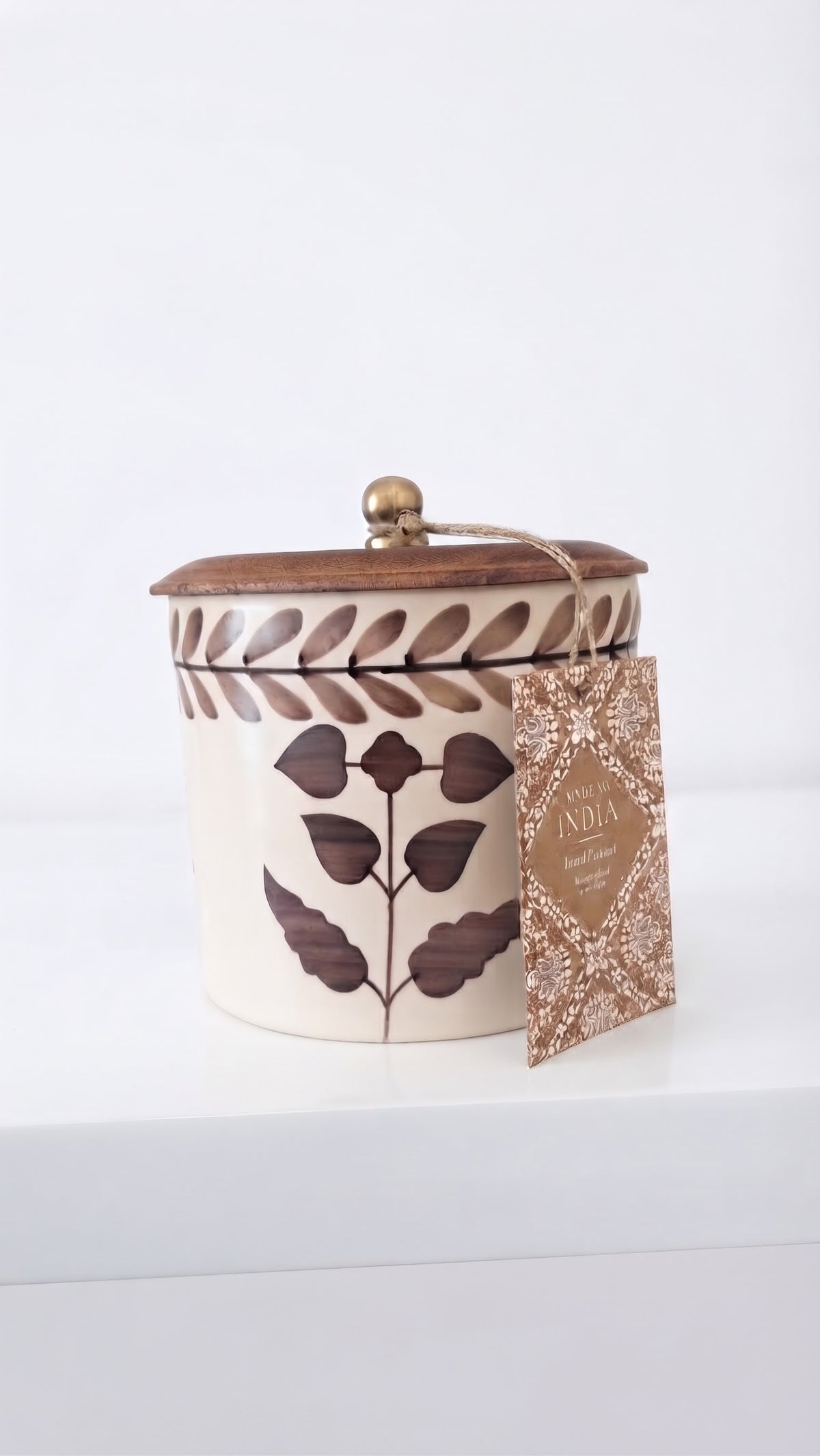made in india hand painted jar brown x white flower with wood cover small size