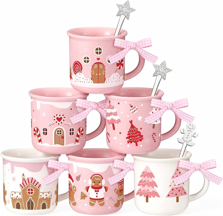 SiliFine 6 Pcs Christmas Mini Coffee Mugs Pink Gingerbread House 5 oz
Mini Holiday Ceramic Cup, Xmas Tiered Tray Decor, Pink Gingerbread Christmas Decor for Winter Kitchen Bar Home Gifts