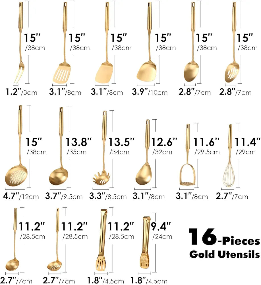 Gold Cookware Set - 18/10 Stainless Steel Small and Large Spoon Set, 16 Pieces of All-Metal Kitchen Utensils, Serving Tools - Whisk, Mash, Fork, Tongs, Spatula, Stirring Spatula, Ladle, and Skimmer