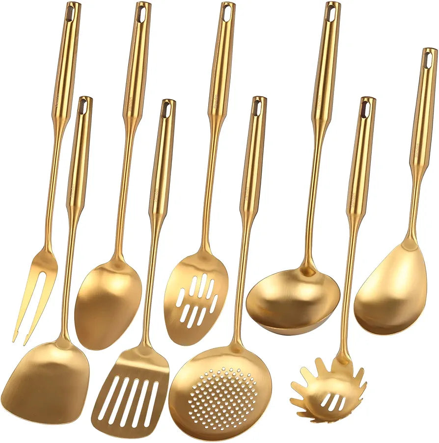 Standken 9-Piece Gold Stainless Steel Kitchen Utensil Set (304) with Steak Fork, Solid Spoon, Slotted Spoon, Flat Spoon,