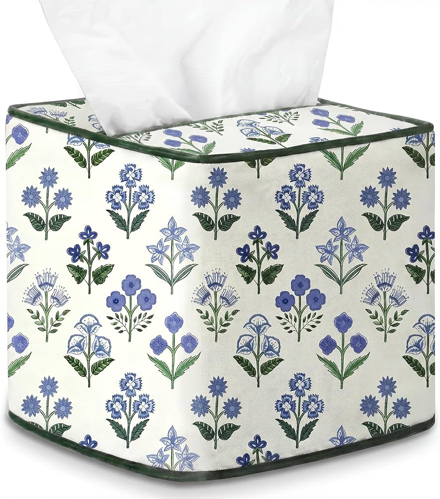 Sawysine Fabric Coastal Tissue Box Cover Light Linen Tissue Box Cover Decorative Beach Square Napkin Holder for Home Bedroom Living Room Bathroom Office Kitchen