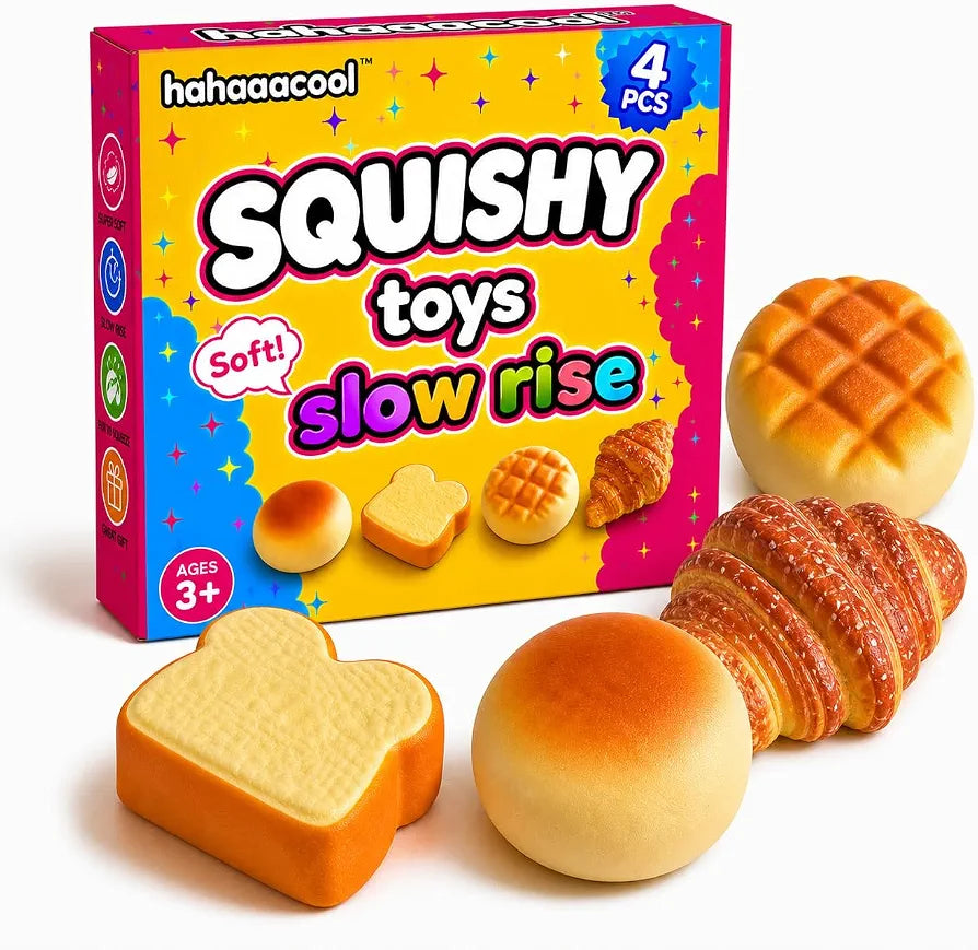 4PCS Slow Rising Squishy Fidget Toys Food Squeeze for Adults Kid
stress relief sensory play; cute bread set, 3.5-6 in; Non-toxic soft PU material; gift-ready party favor, birthday gift