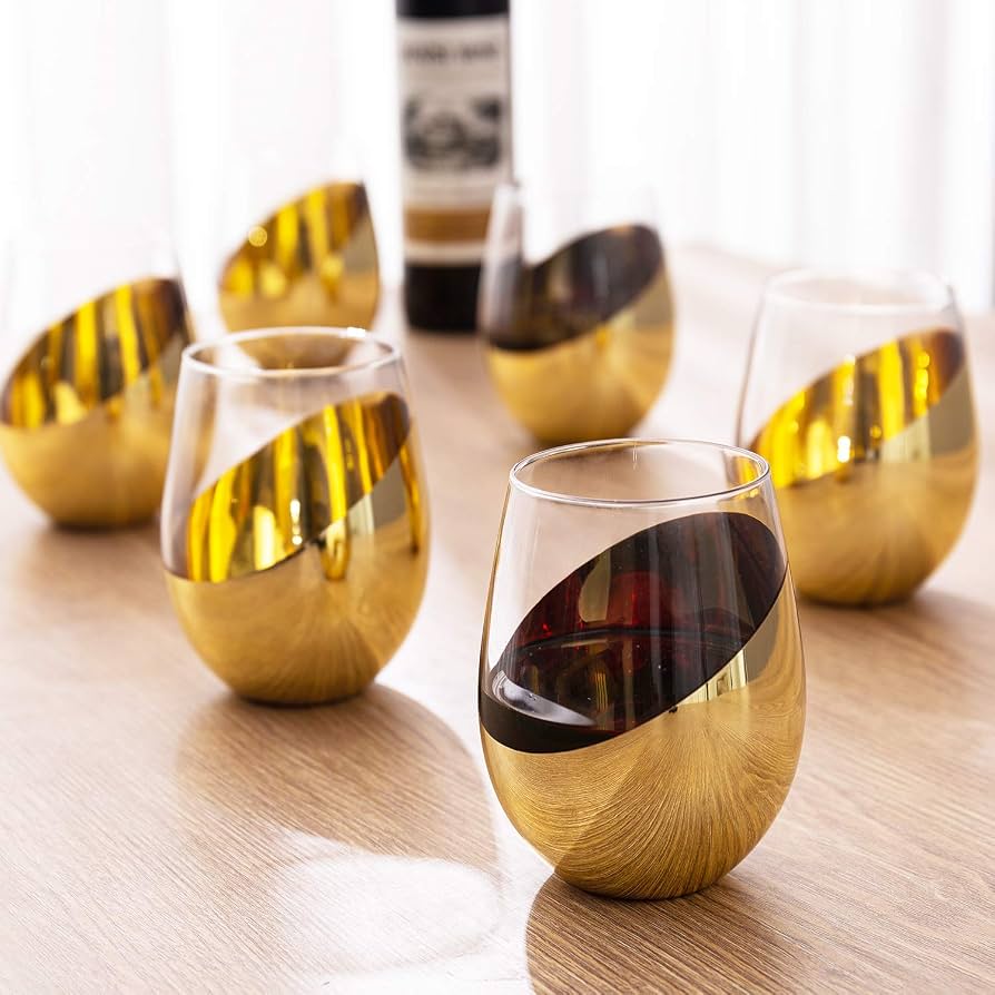 MyGift 17 oz Amber Brown Stemless Wine Glasses, Brass Accent, Set of 6
Angled brass accents and amber glass create a retro-inspired look for cocktails, wine, dinners, and special occasions