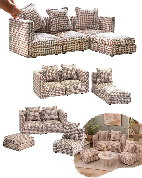iLAND Dollhouse Furniture Sectional Dollhouse Couch Set Grey Faux Leather Sofa, Miniature Chair Doll House Furniture, Chic 1/12 Scale Miniature Living Room Decor and Accessories fit 4-6”Action Figure