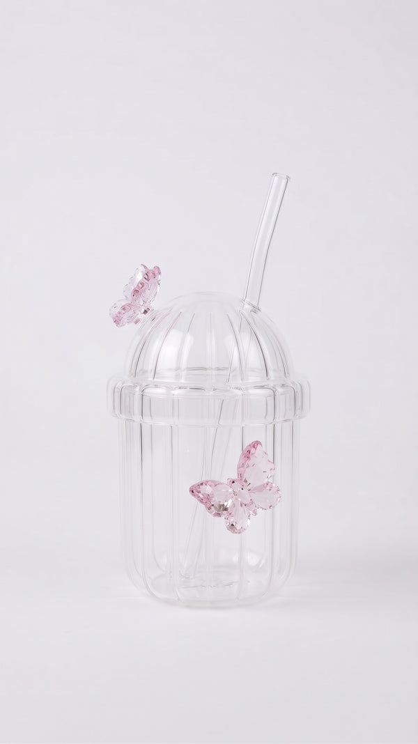 Transparent Cup With Bink Butterfly With Straw
