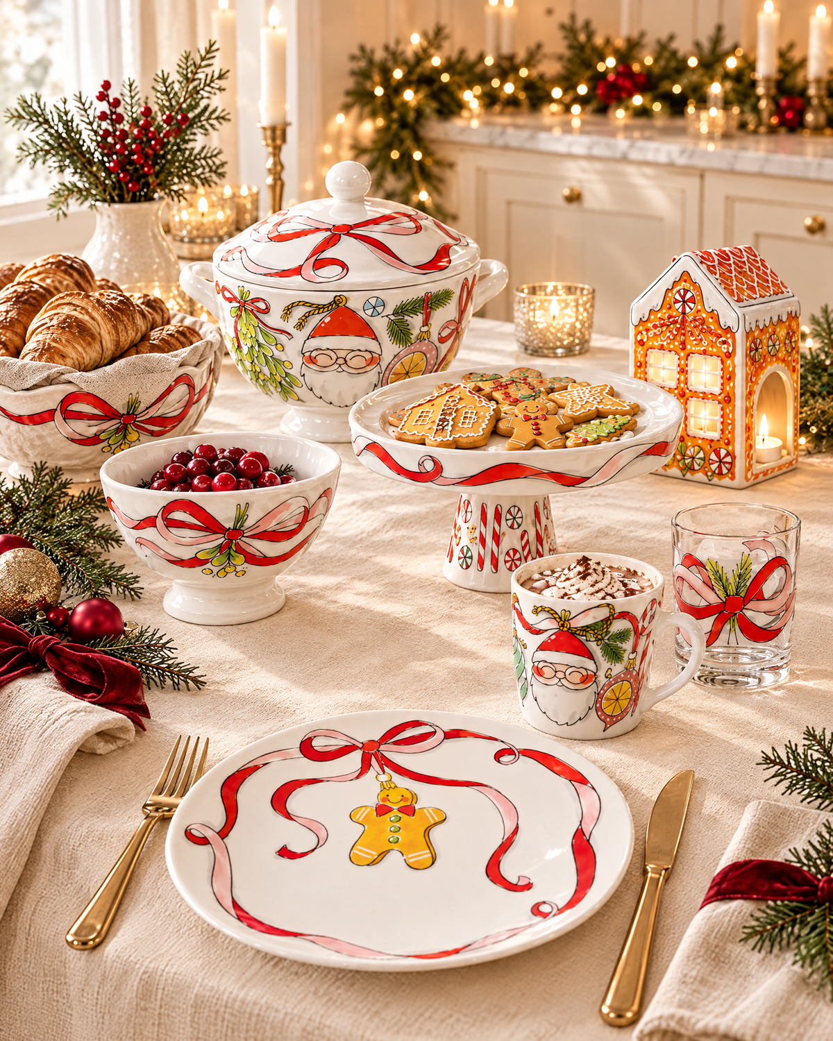 Christmas table set with hand-painted red ribbon plates, Santa mug, soup tureen, cake stand and gingerbread tealight house