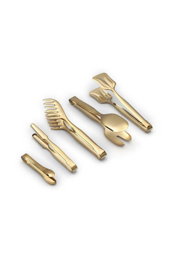 Meltem Titanium Gold 5" Piece Pasta, Salad, Cake, Sugar And Ice Tongs Set-gold