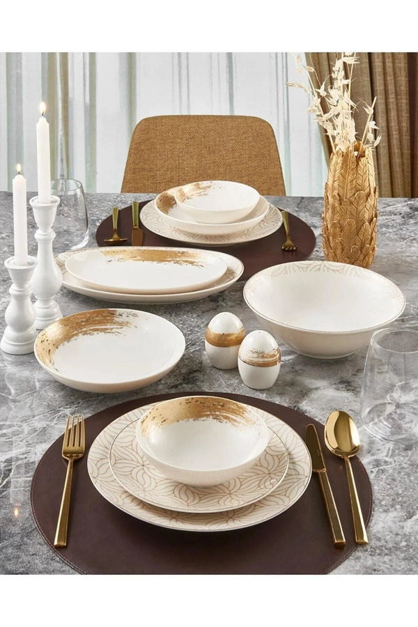 Güral Porcelain Camelia 54 Piece Dinner Set for 12 Persons Gold