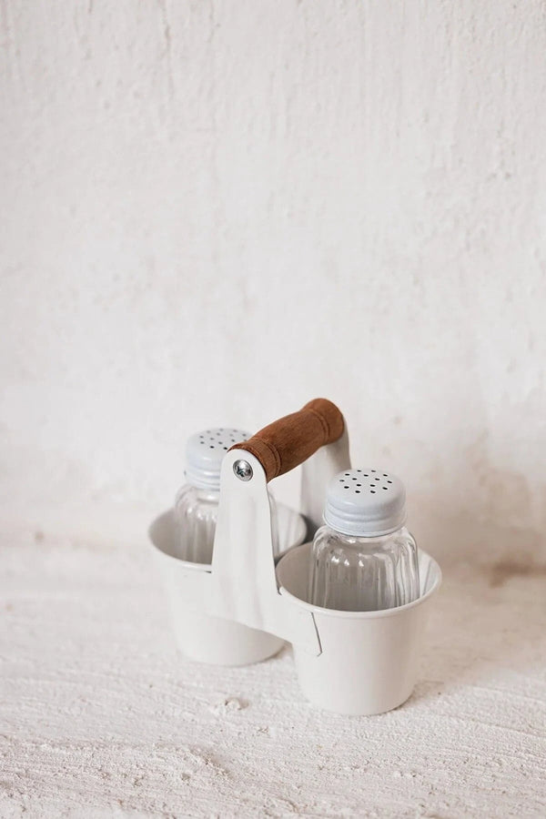 Dekorzdükkan Set of 2 Galvanized Salt and Pepper Shakers with Stand