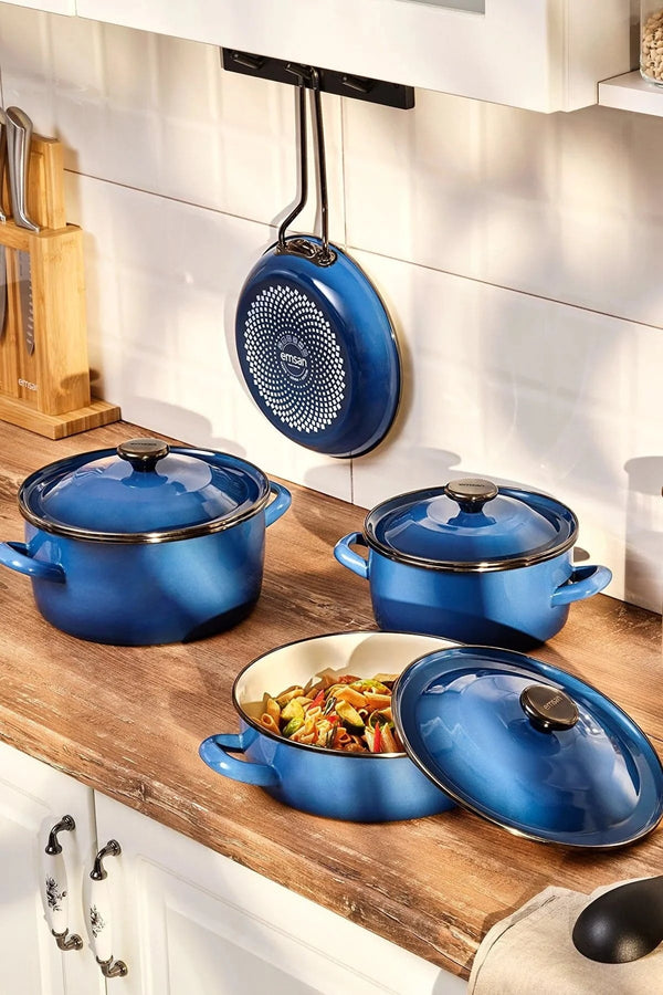 Emsan Pietra 7 Piece Enamel Cookware Set Navy Blue