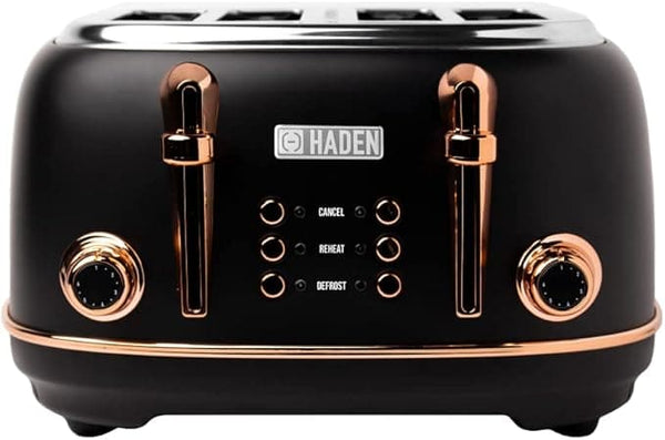 Haden Heritage Black Toaster 4 Slice - Adjustable Browning Control, Reheat and Defrost Functions 4 Slice Toaster - Stainless Steel Toaster 4 Slice - Self-centring Function - 1370-1630W