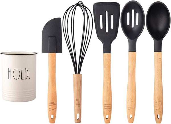 Rae Dunn Kitchen Tools with Beechwood Handles (Black)