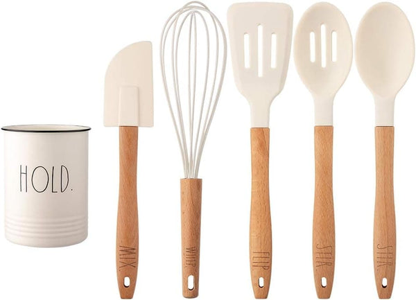 Rae Dunn Everyday Collection 5 Piece Silicone Kitchen Utensil Set with Canister Holder- Kitchen Tools with Beechwood Handles (White)