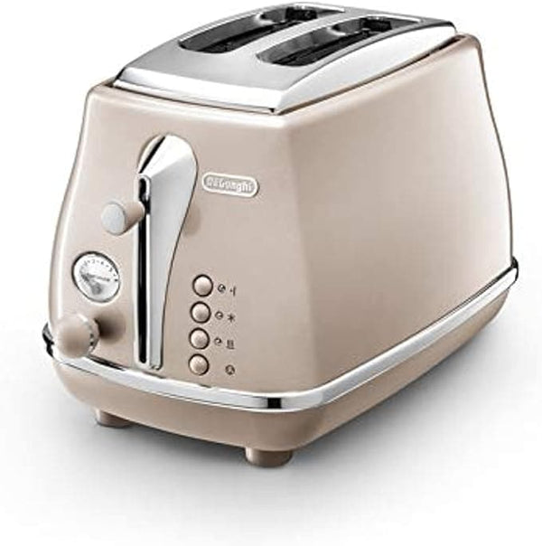 De'Longhi Icona Capitals Beige Vintage Style 2 Slice Toaster, 6 Browning Levels, 2 Extra Wide Bread Slots, Defrost And Reheat Functions, Removable Crumb Tray, Ctot2003.Bg